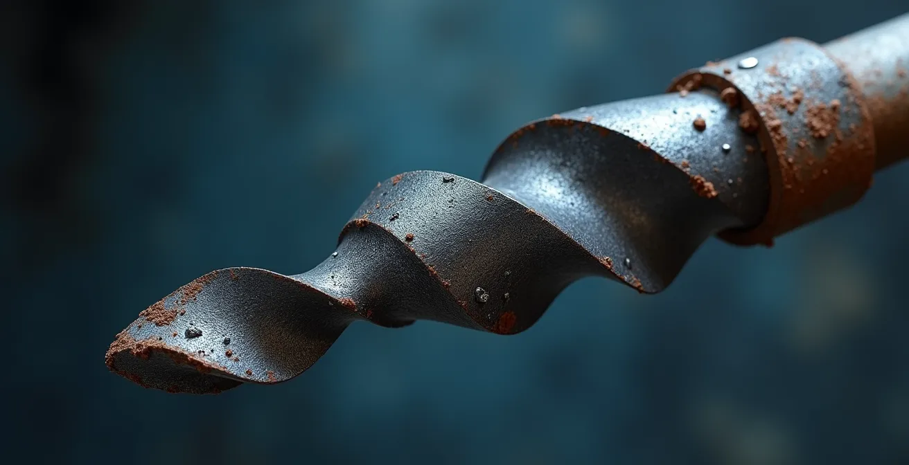 Vue macro extrême montrant les stries d'usure et la texture métallique d'une pièce de foreuse