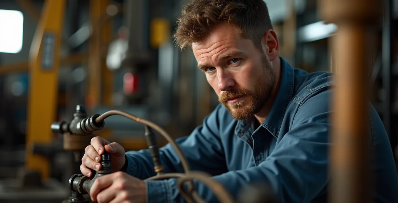 Technicien inspectant de près les composants hydrauliques d'une foreuse avec une expression concentrée