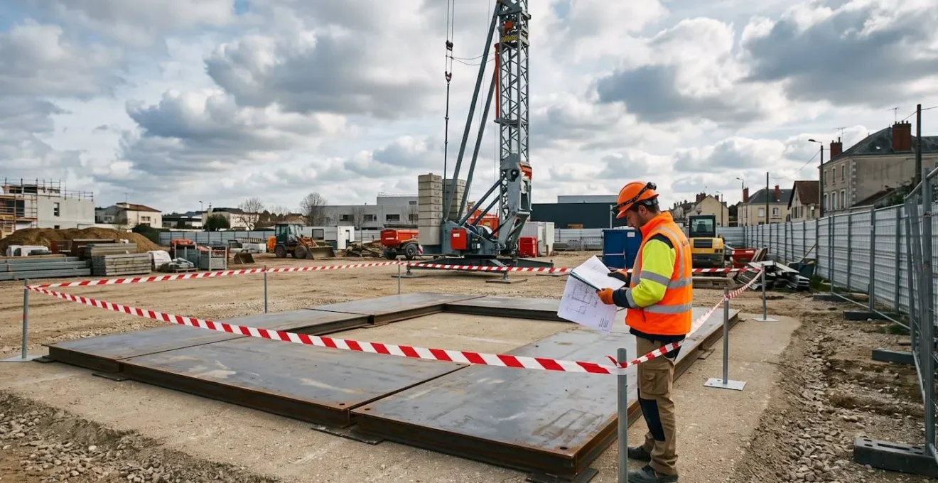 Chantier en préparation pour installation de grue avec plaques de répartition au sol, balisage sécurisé et technicien contrôlant les documents techniques
