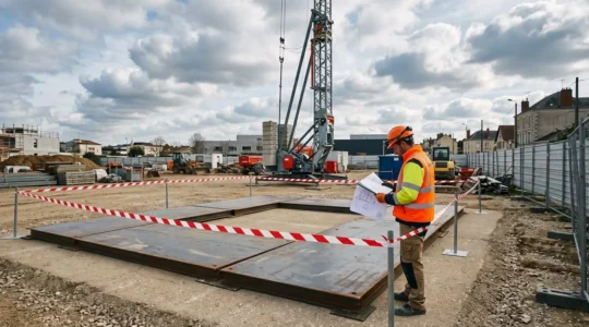 Chantier en préparation pour installation de grue avec plaques de répartition au sol, balisage sécurisé et technicien contrôlant les documents techniques