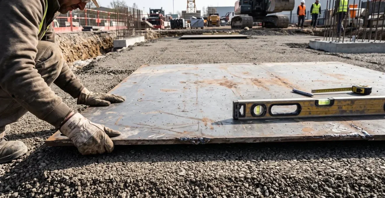 Plaques d'acier de répartition installées sur sol compacté avec niveau à bulle, mains d'ouvrier vérifiant la stabilité