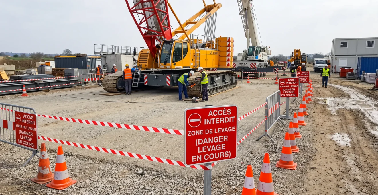 Zone de chantier balisée avec rubalise rouge et blanc, panneaux d'interdiction d'accès et cônes de signalisation délimitant la zone de montage